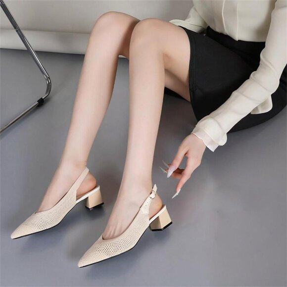 Women's Beige Slingback Block Heel Pumps Ladies Closed Pointed Toe Weave Sandals - Picture 4 of 6